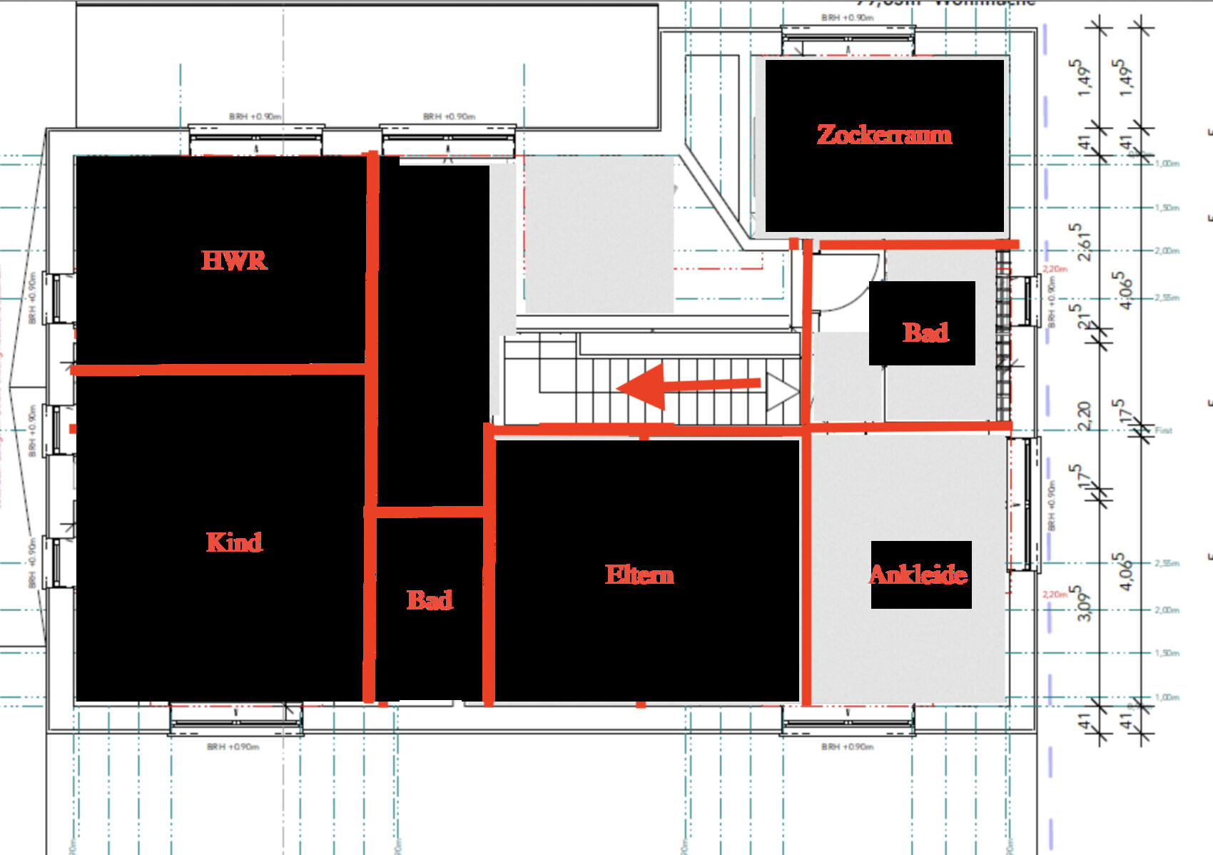 Grundriss eines Wohnungsplans mit HWR, Kind, Eltern, Bad, Ankleide, Zockerraum; rote Flure.