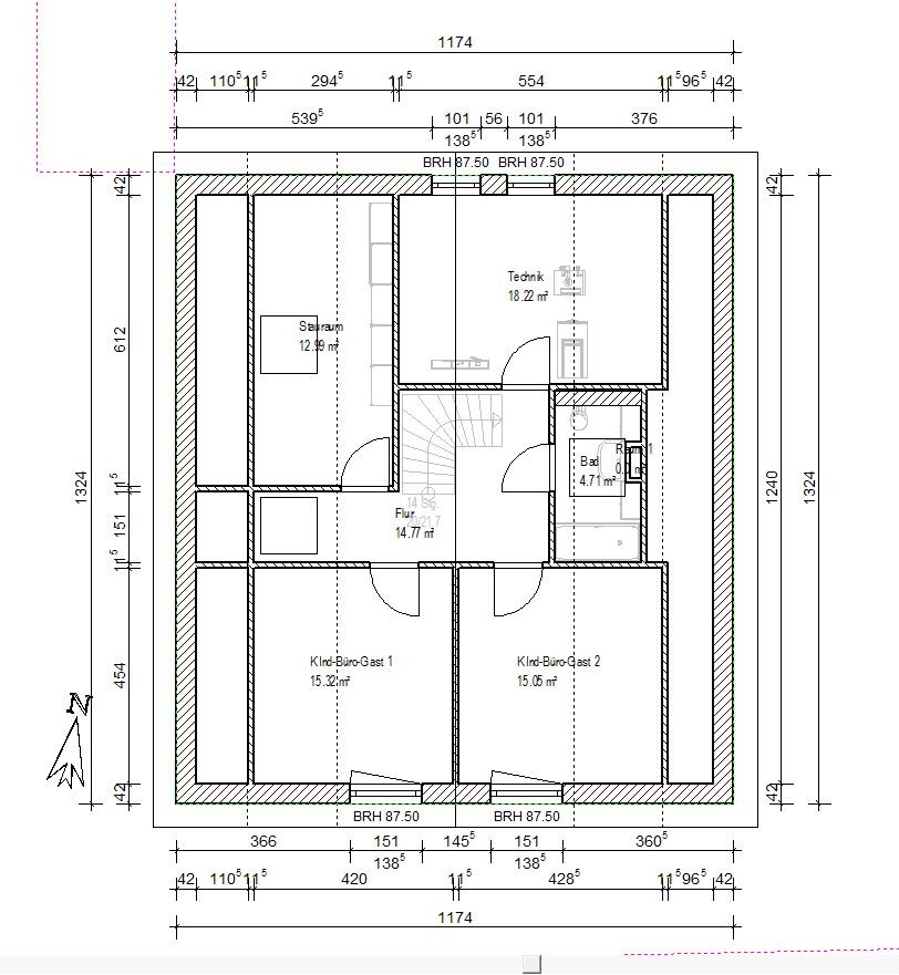 Grundriss eines Obergeschosses mit Flur, Technik, Bad, zwei Kind-Büro-Gästen und Saalraum.