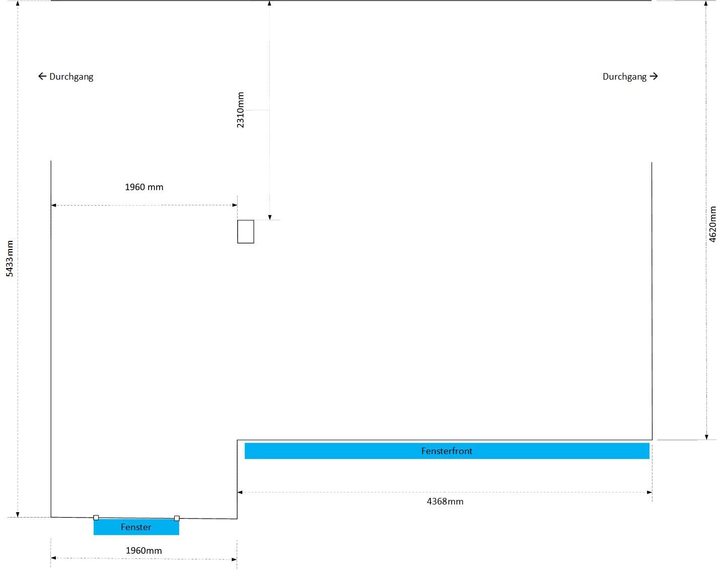 2D-Grundrissplan mit Abmessungen, Fensterfronten und Durchgängen