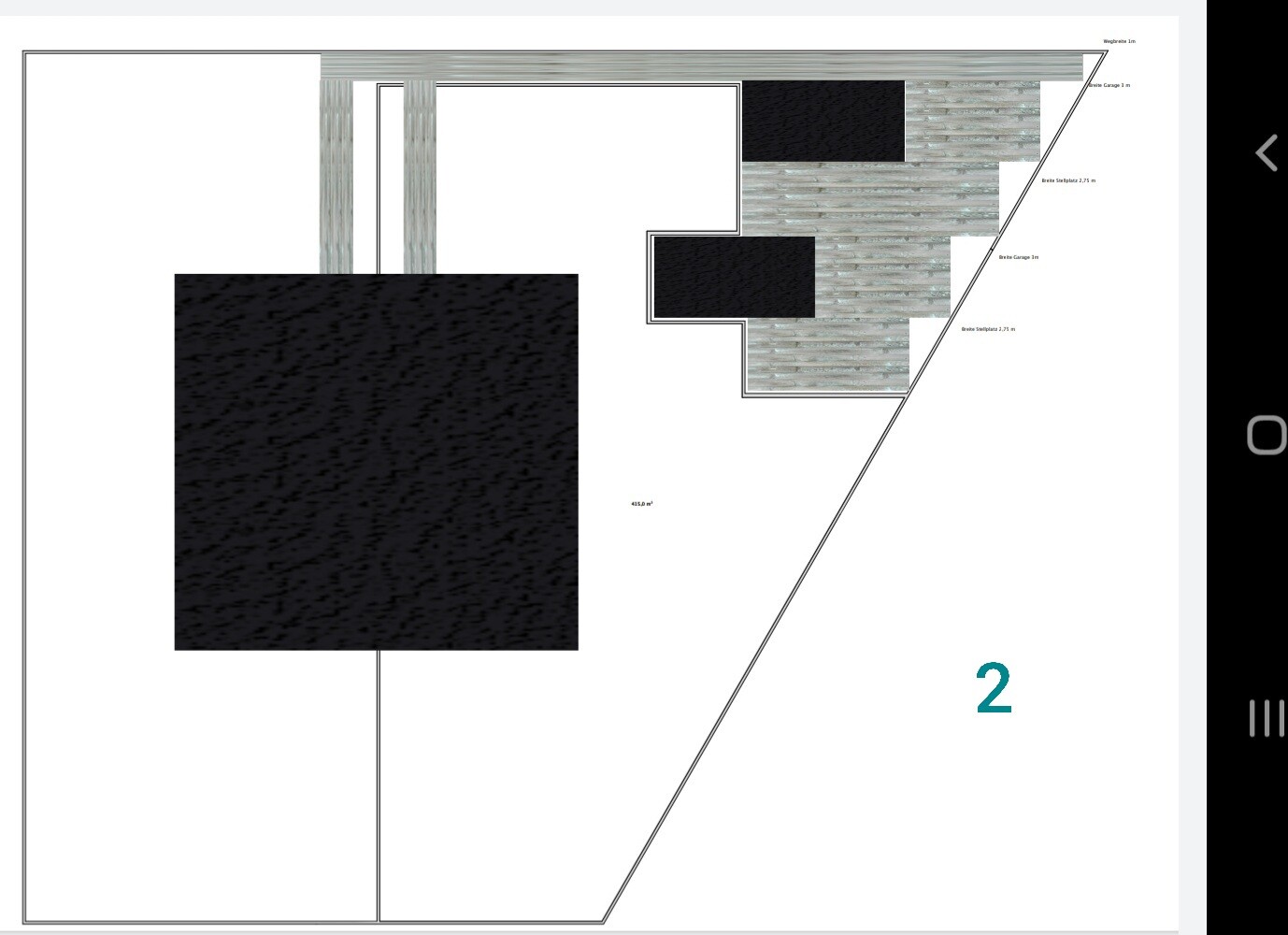 Grundriss-Layout: großes schwarzes Quadrat links, graue Holzplanken im oberen Bereich, blaue 2.