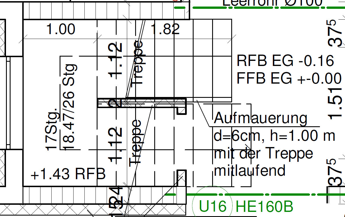 Grundriss einer Bauzeichnung: Innenraum mit Treppe, Abmessungen, Aufmauerung 6 cm, 1 m Höhe.