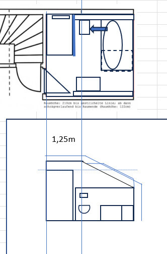 Grundriss eines Gebäudes: obere Ebene mit Treppe, Tür und rundem Tank; darunter Dachneigung.