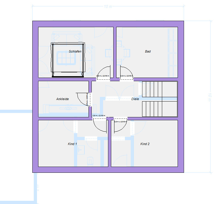 Grundriss eines Hauses: Schlafzimmer, Bad, Ankleide, Diele, Kind 1, Kind 2, Treppe.