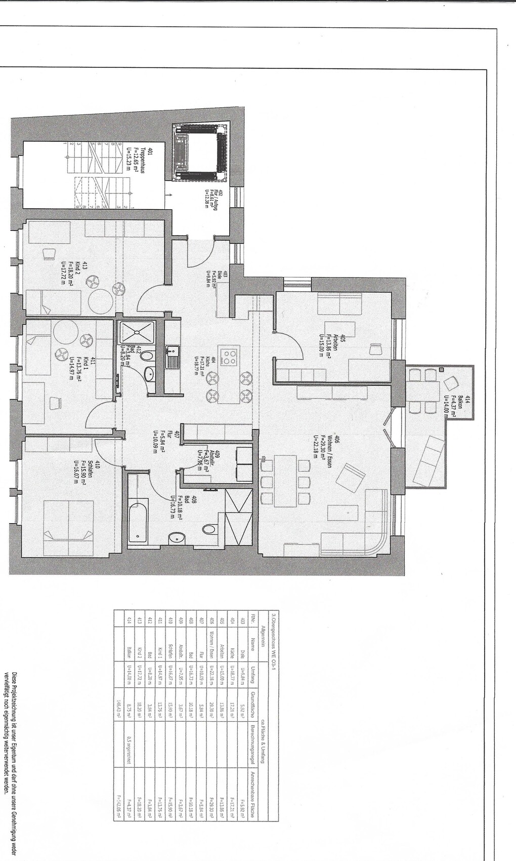 Grundriss einer Wohnung mit Wohnzimmer, Küche, Schlafzimmer, Bad, Balkon.