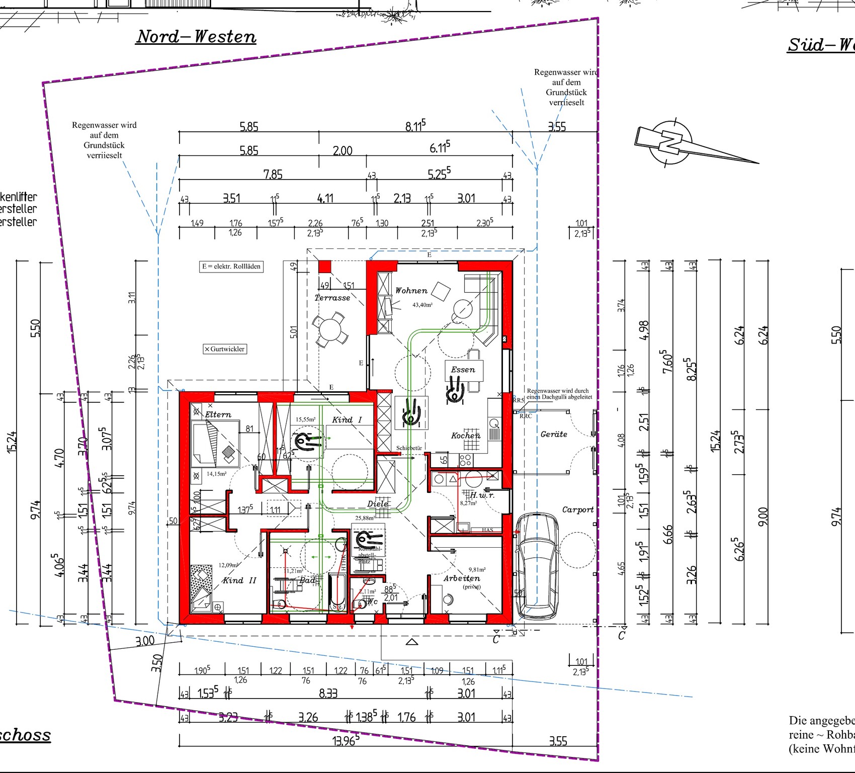 Grundriss eines Hauses mit Wohnen, Essen, Küche, Eltern- und Kinderzimmer, Terrasse und Carport.