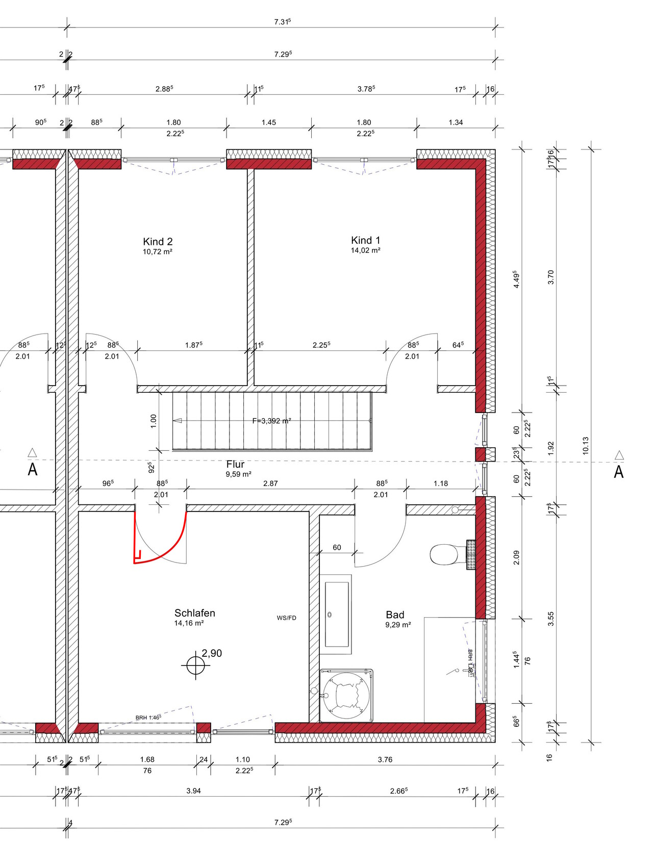 Grundriss eines Hauses mit zwei Kinderzimmern, Schlafzimmer, Bad, Flur und Treppe.