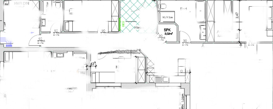 2D-Grundrissplan eines Wohnhauses mit Zimmern, Türen und Maßen