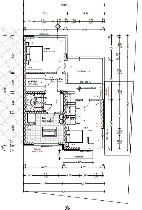 Grundriss eines Hauses: Schlafzimmer, Ankleide, Bad, Flur und Treppenhaus