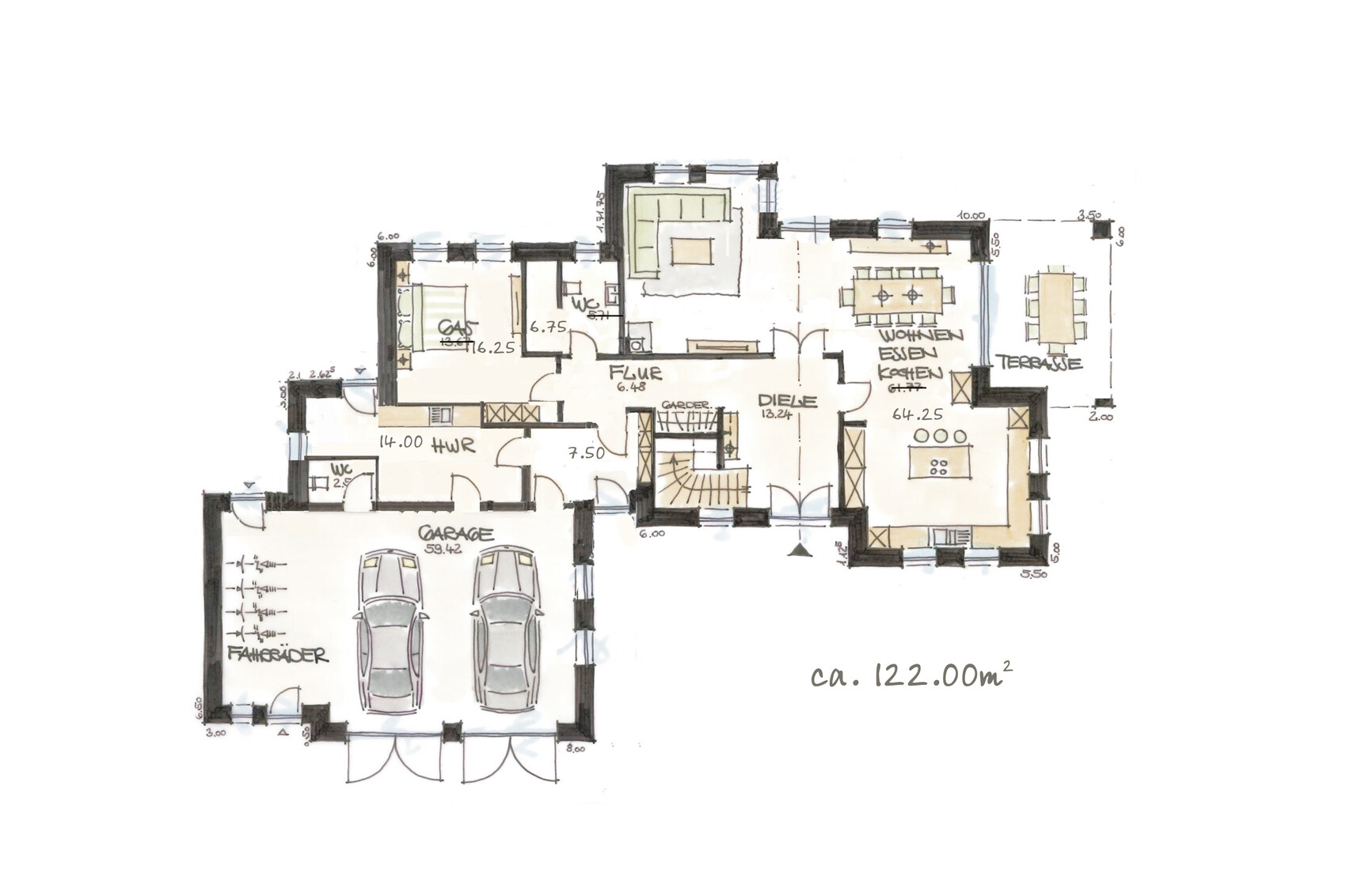 Handgezeichneter Hausgrundriss mit Garage, Wohnzimmer, Küche, Essbereich und Terrasse