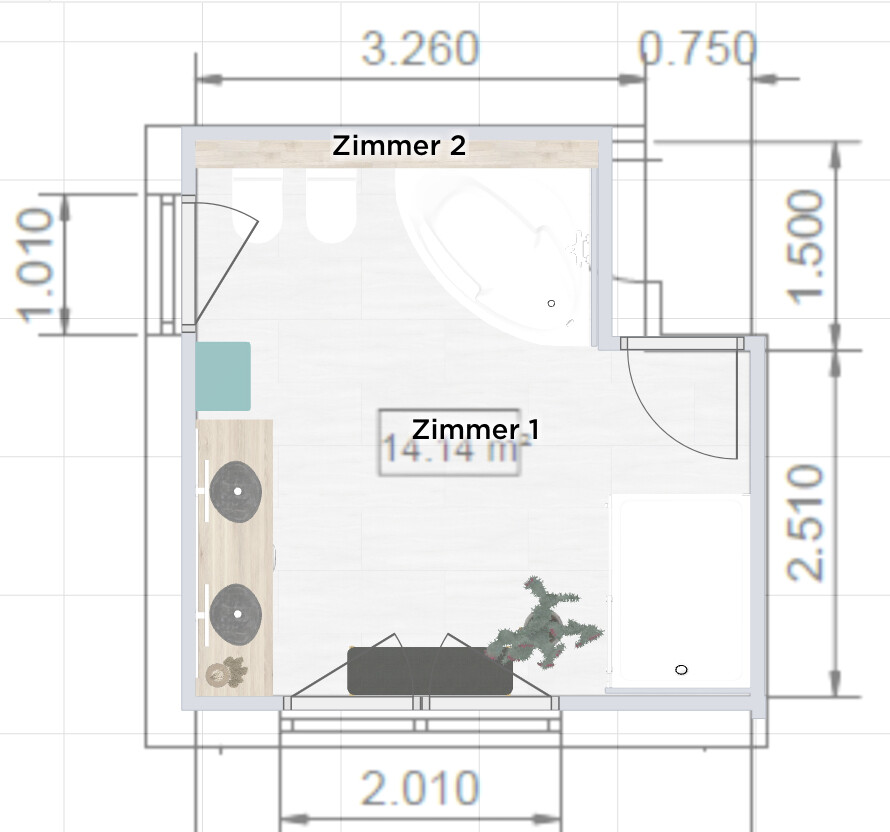 Grundriss: Zwei Zimmer. Zimmer 1 mit Sofa; Küche mit zwei Kochplatten; Bad in Zimmer 2.