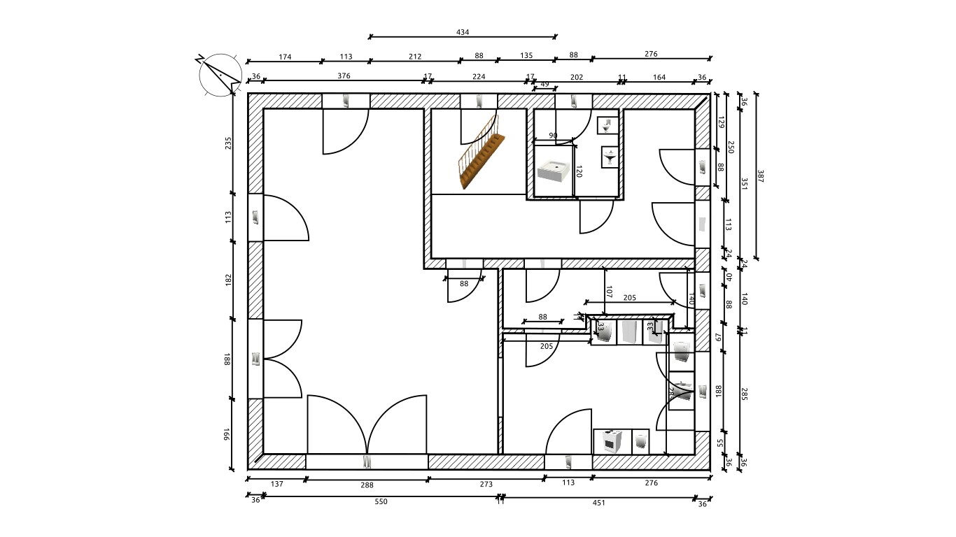 2D-Grundriss eines Hauses mit Zimmern, Türen und Maßlinien