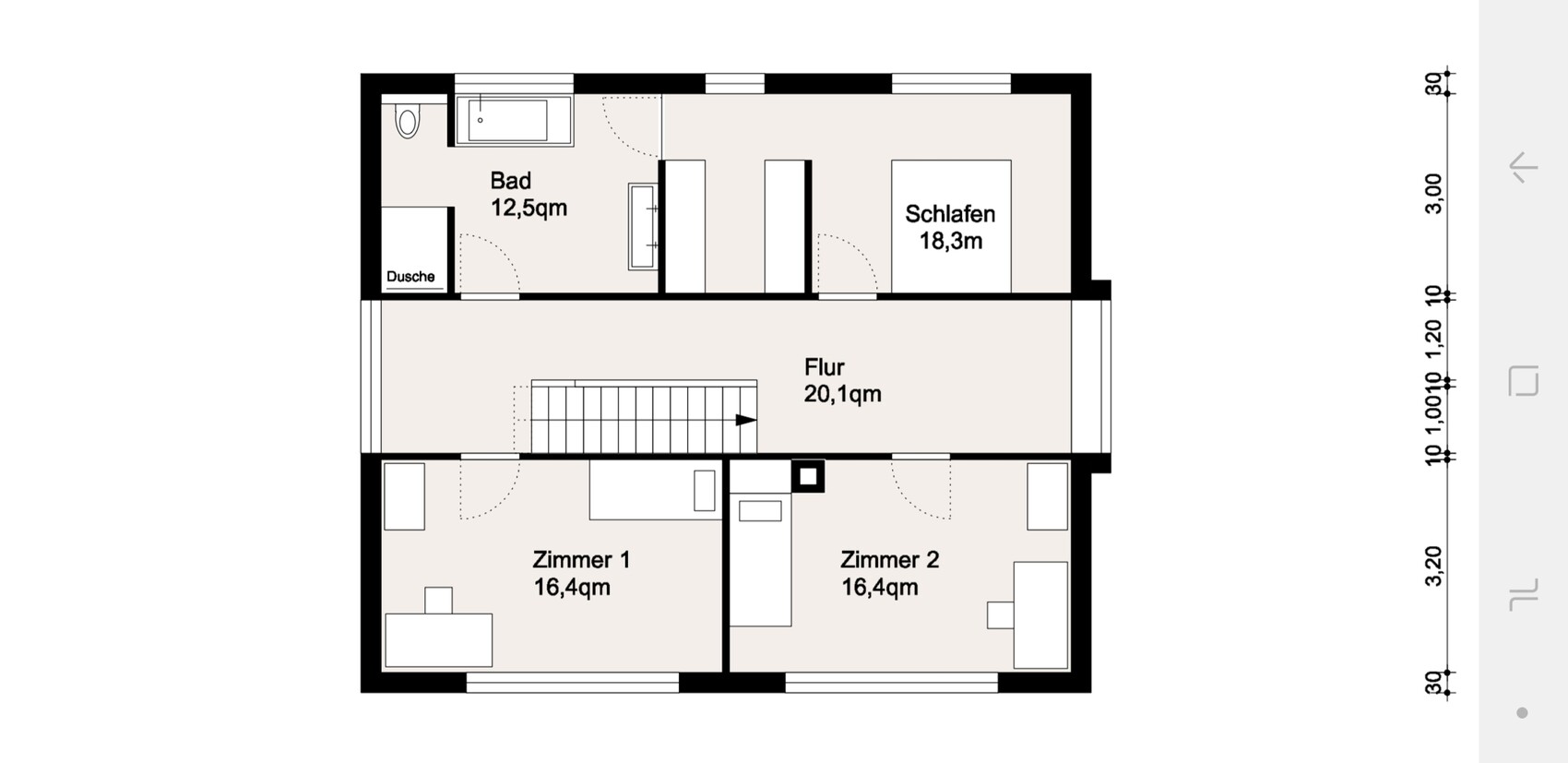2D Grundriss eines Hauses mit Bad, Flur, Schlafzimmer und zwei Zimmern