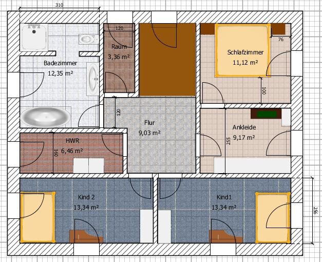 Grundriss eines Hauses: zwei Kinderzimmer, Schlafzimmer, Ankleide, Badezimmer, Flur, HWR.