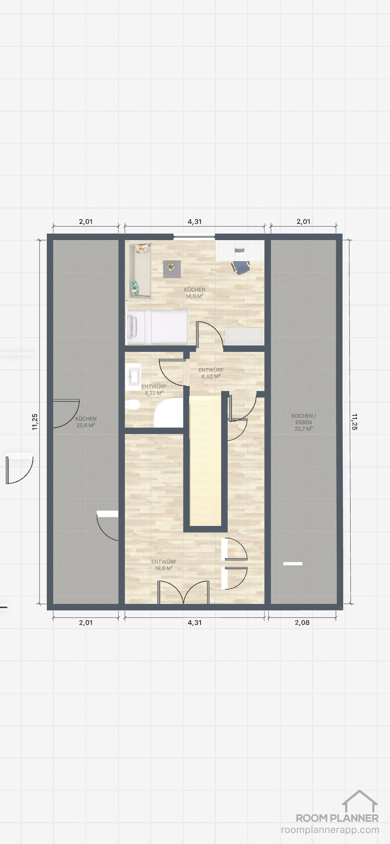 Grundriss einer Wohnung mit zentralem Flur, zwei Küchen links/rechts, Essecke, Treppenaufgang.