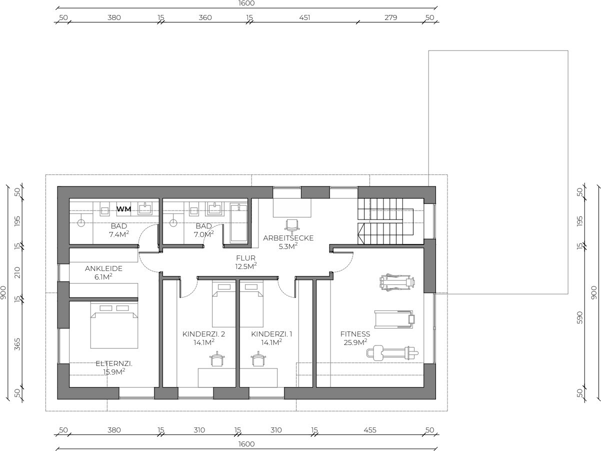 Grundriss eines Hauses: Elternzimmer, Ankleide, Bad, Flur, Arbeits Ecke, zwei Kinderzimmer, Fitness.
