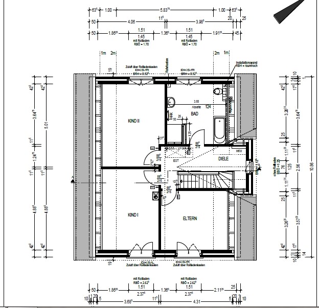 2D-Grundriss eines Wohnhauses mit Eltern- und Kinderzimmern, Treppenhaus und Badezimmer