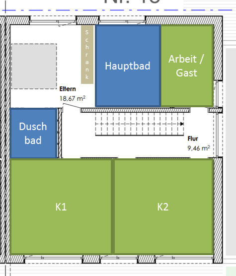 Grundriss eines Hauses: Elternbereich, Duschbad, Hauptbad, Arbeits-/Gästezimmer, K1, K2, Flur.
