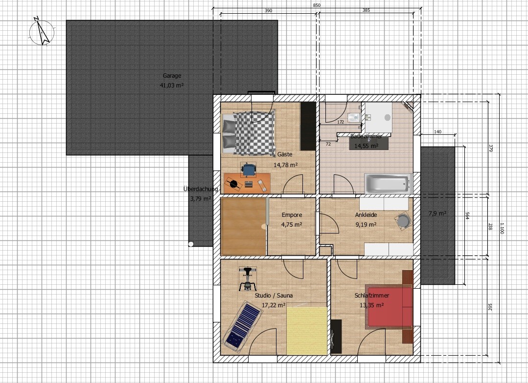 Grundriss eines Hauses: Garage, Überdachung, Gästezimmer, Badezimmer, Studio/Sauna, Schlafzimmer.