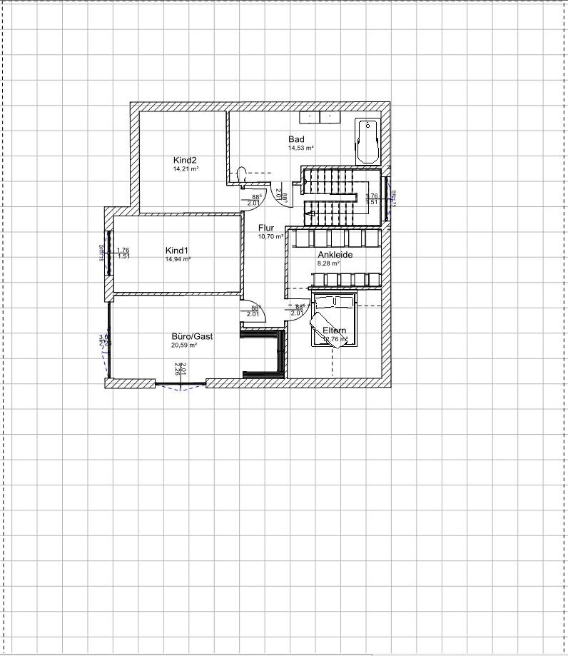 Grundriss eines Hauses: Elternzimmer, zwei Kinderzimmer, Bad, Ankleide, Flur, Büro/Gast