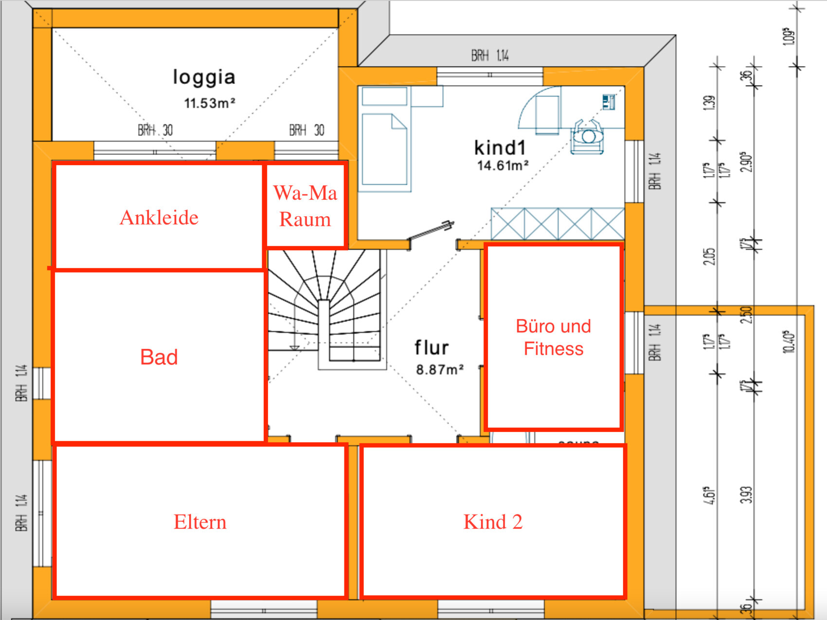Grundriss OG: Eltern, Kind 1, Kind 2, Bad, Ankleide, Büro/Fitness, Flur, Loggia, Waschraum