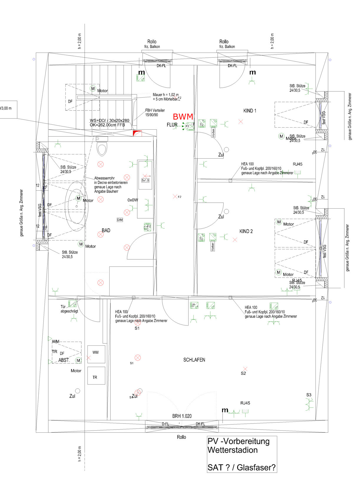 Grundriss eines Wohnhauses mit Schlafzimmer, zwei Kinderräumen, Bad, Flur und Technikbereich.