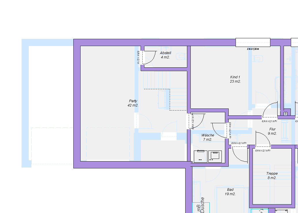 Grundriss eines Hauses mit Flur, Treppe, Bad, Wäsche, Abstellraum und Kinderzimmer.