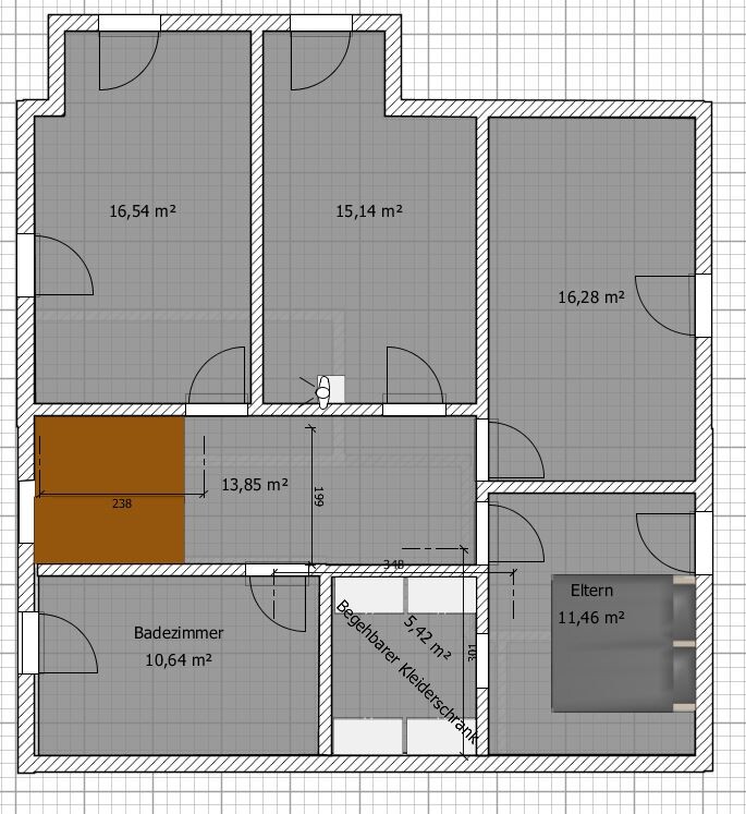 Grundriss einer Wohnung mit mehreren Zimmern, Bad, Elternzimmer und begehbarem Kleiderschrank.