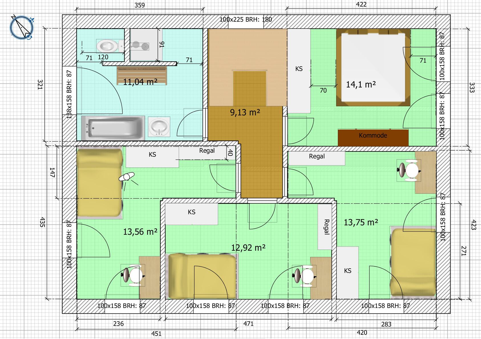 Grundriss einer Wohnung mit vier Schlafzimmern, Bad und Flur; Betten, Regale und Kommode.