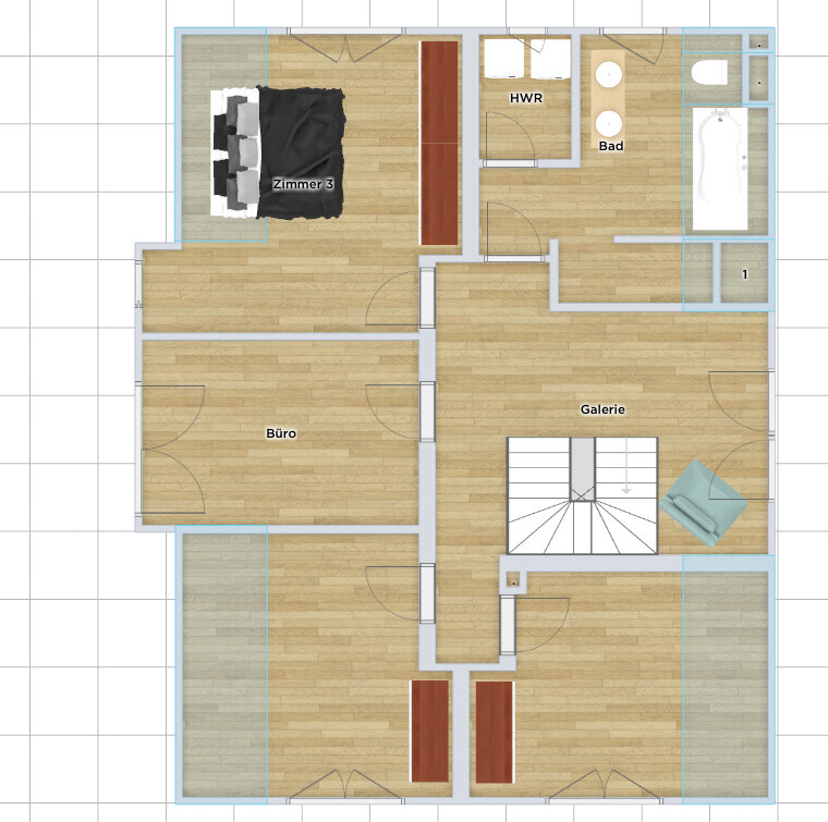 Grundriss eines Hauses: Zimmer 3 mit Bett, Büro, Galerie mit Treppe, Bad, HWR.