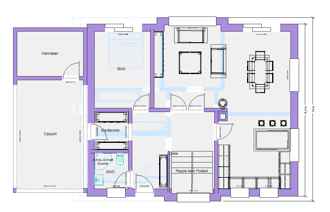 Grundriss eines Hauses: Büro, Wohnzimmer, Esszimmer, Küche, Dusche, Treppe, Carport, Fahrradraum