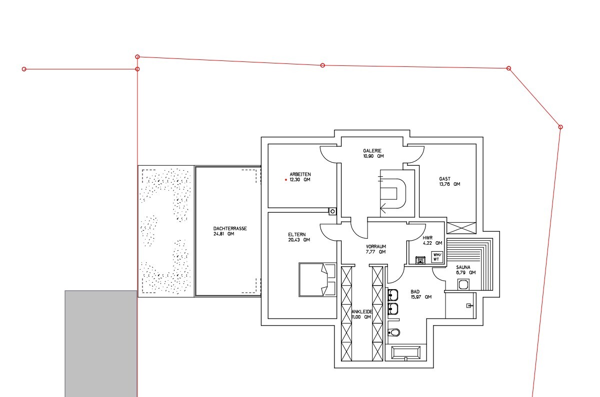 Grundriss eines Hauses mit Dachterrasse, Elternzimmer, Arbeitszimmer, Galerie, Gast, Bad und Sauna.