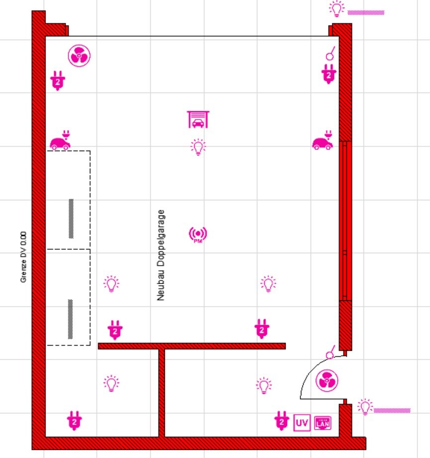 Grundriss einer Neubau-Doppelgarage: rote Außenwände, Car-Symbole, Leuchten.