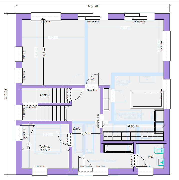 Grundriss eines Hauses mit mehreren Zimmern, Flur, Treppe, Küche, Bad und WC.