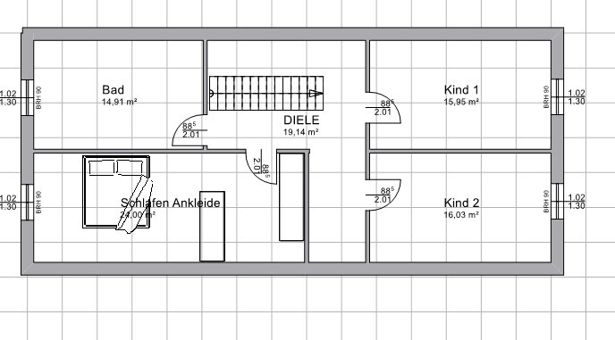 Grundriss: Diele in der Mitte, Bad links, Schlafen/Ankleide links, Kind 1 und Kind 2 rechts.