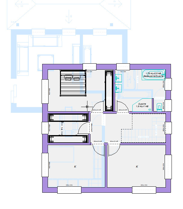 Grundriss eines Hauses: zwei Räume, Flur, Treppe, Bad mit Dusche, Türen, Fenster, lila Außenwand.