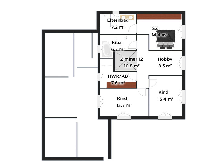 Grundriss eines Wohnhauses mit Elternbad, Schlafzimmer, zwei Kinderzimmer, Hobbyraum, Kiba, HWR/AB