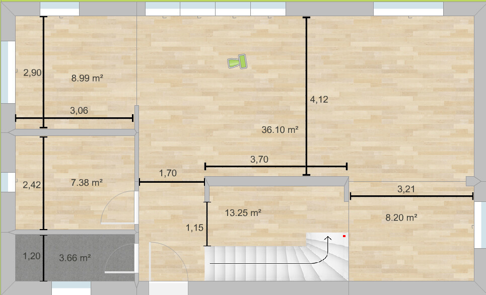 Grundriss eines Hauses mit mehreren Zimmern auf Holzboden; Flächenangaben in m², Treppenaufgang.