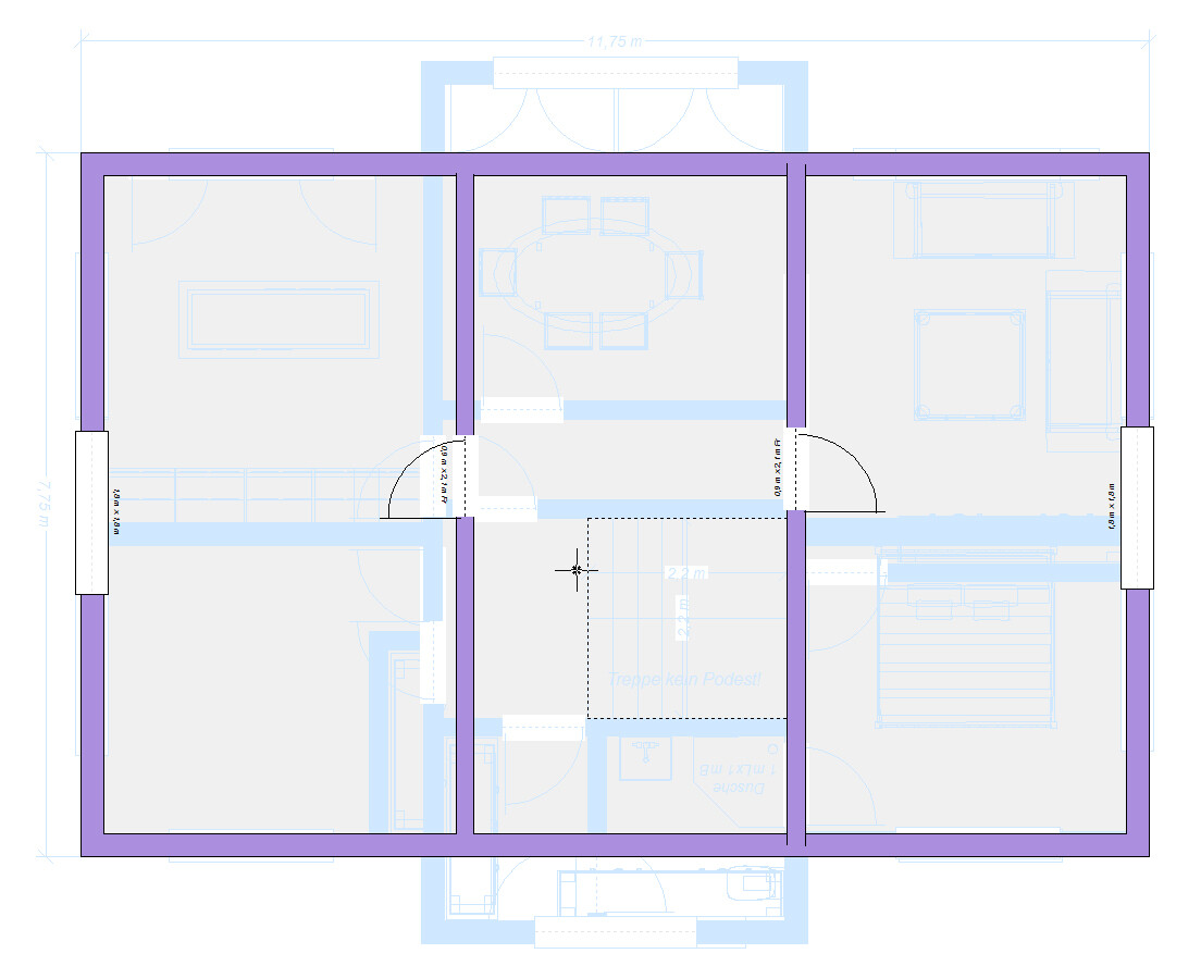 Grundriss eines Wohnhauses: zentraler Flur, links Wohnzimmer, Mitte Esszimmer, rechts Schlafzimmer.