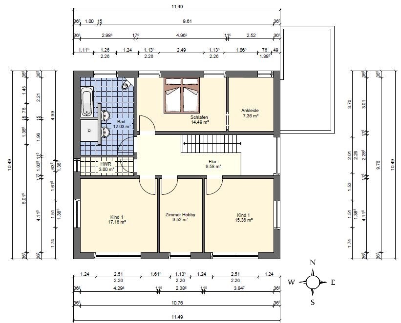 Detaillierter Grundriss eines Hauses mit Schlafzimmer, Kinderzimmern, Bad und Flur