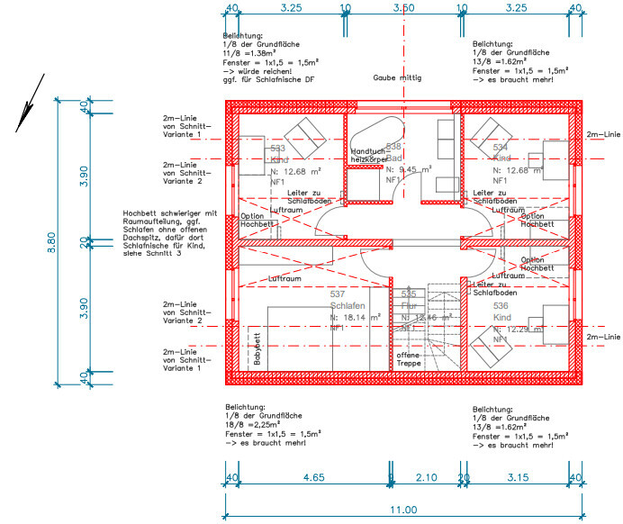 2D-Hausgrundriss mit Zimmern, Türen und Maßlinien in Rot und Blau.