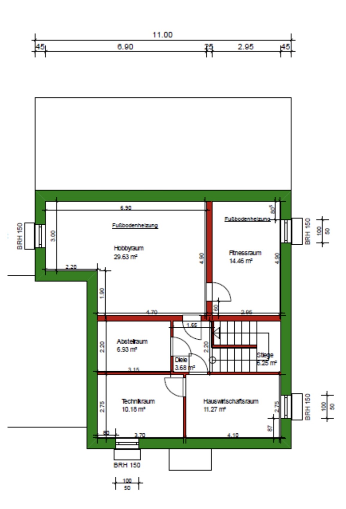 2D-Grundriss eines Hauses mit Hobbyraum, Fitnessraum, Technikraum und Treppen
