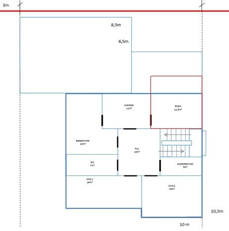 2D-Hausgrundriss mit mehreren Zimmern, Treppen und Maßangaben