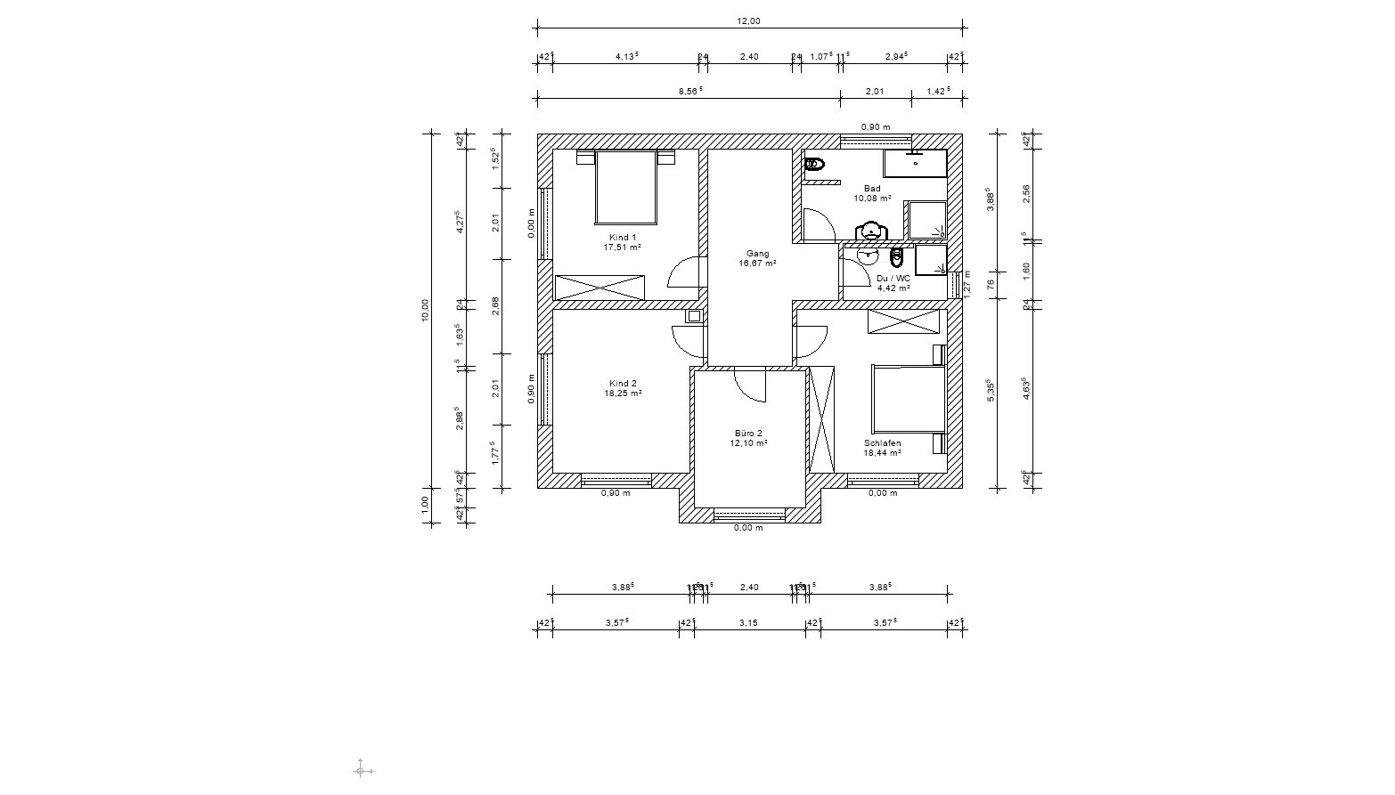 Grundriss eines Wohnhauses: zwei Kinderzimmer, Schlafzimmer, Büro, Flur, Bad und Dusche/WC.