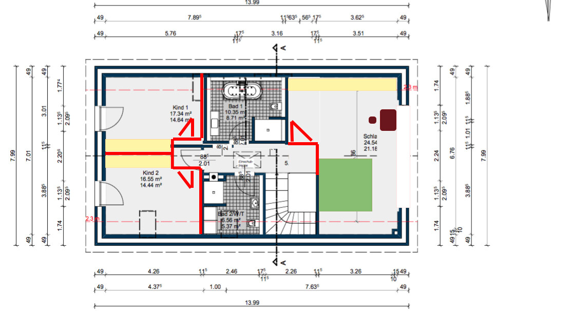 Grundriss eines Hauses mit Zimmern, Bad, Flur und Treppe