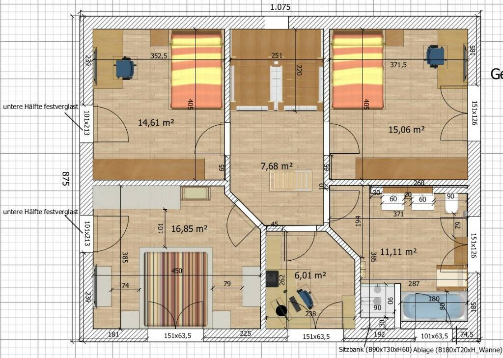 Detaillierter Grundrissplan eines Hauses mit Schlafzimmern, Wohnzimmer, Küche und Bad.