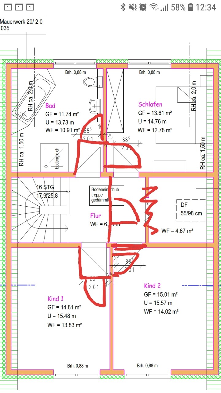 2D-Grundriss eines Mehrzimmer-Hauses mit Bad, Flur, Schlafzimmer und Kinderzimmern