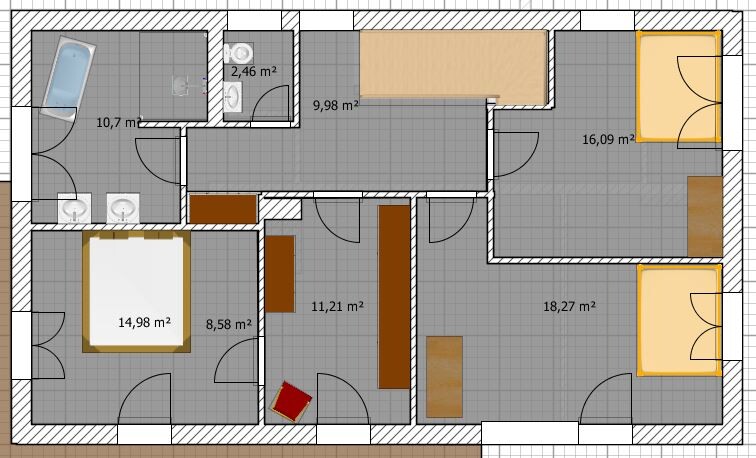 Grundriss eines Hauses mit mehreren Zimmern, Türen, Badezimmern sowie Schlaf- und Wohnzimmer