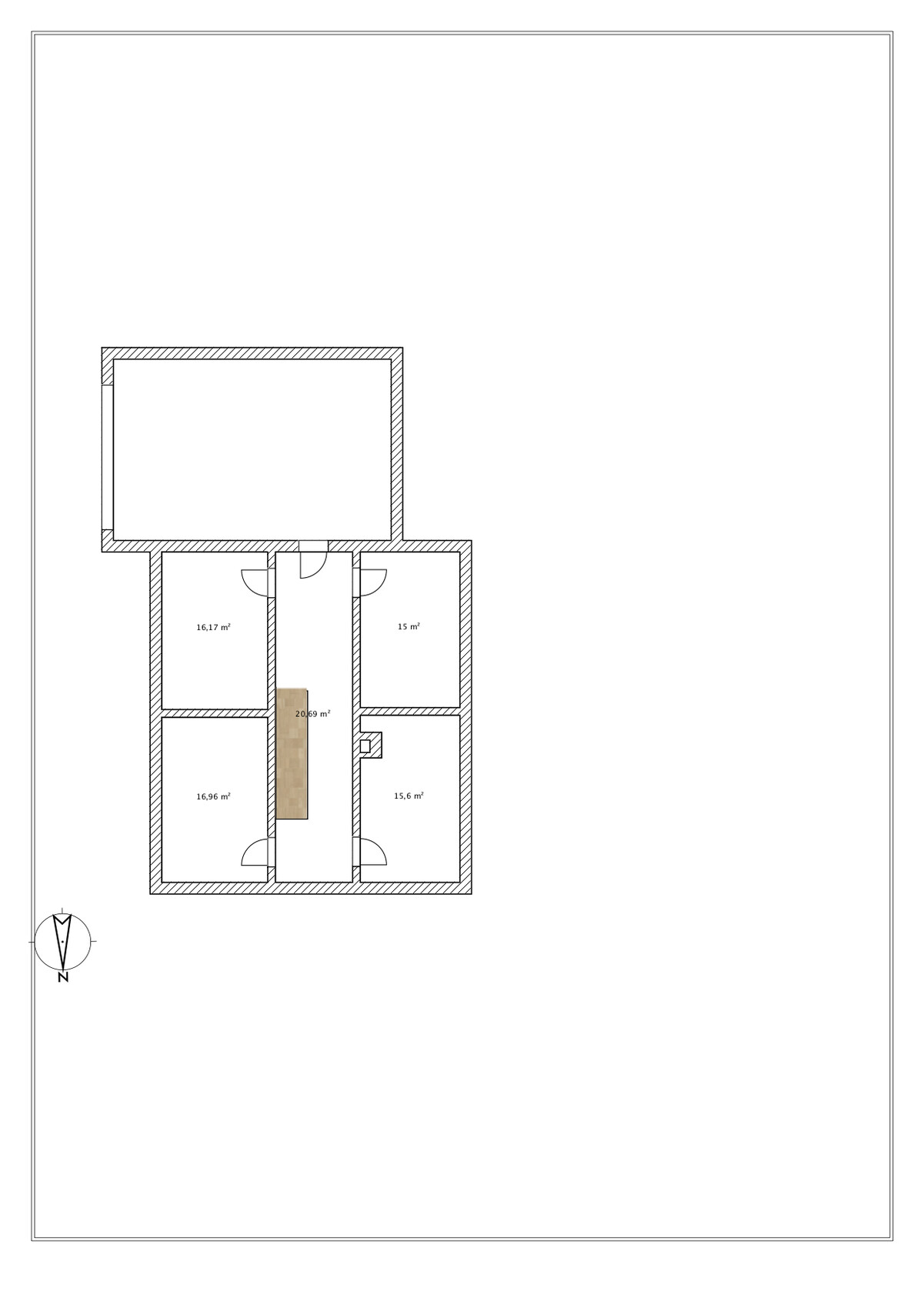 Grundriss eines Gebäudes mit mehreren Zimmern, Flur, Türen und schraffierten Wänden; Maße in m².