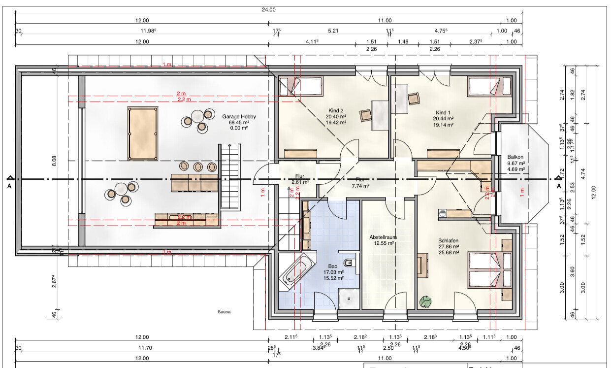 Grundriss eines Hauses: Garage/Hobby, 2 Kinderzimmer, Schlafzimmer, Bad, Flur, Balkon, Sauna.