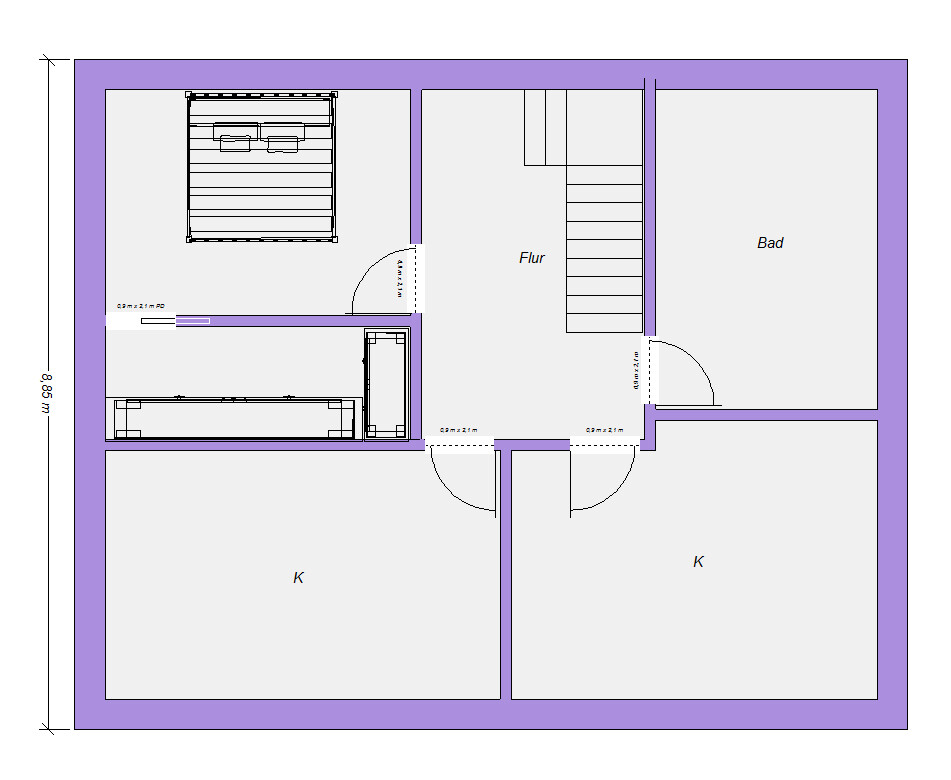Grundriss eines Hauses: Flur mit Treppe, Bad rechts, zwei K-Räume unten, Schlafzimmer oben links.